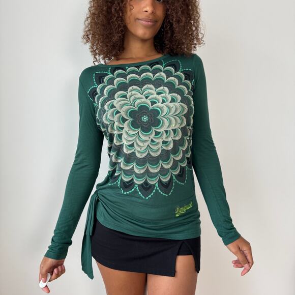 Vintage Desigual Green Mandala Print Viscose Long Sleeve Top with Side Tie (S/M) - Picture 1 of 10